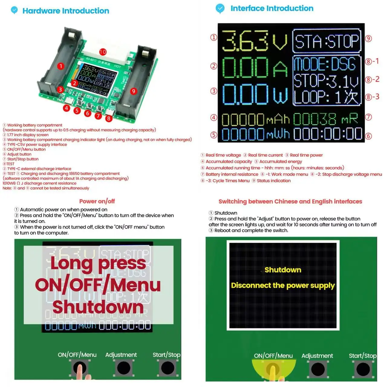 18650 Li-ion Battery Capacity Tester Auto Internal Resistance Tester MAh MWh Digital Battery Power Detection Module 2/4 channels