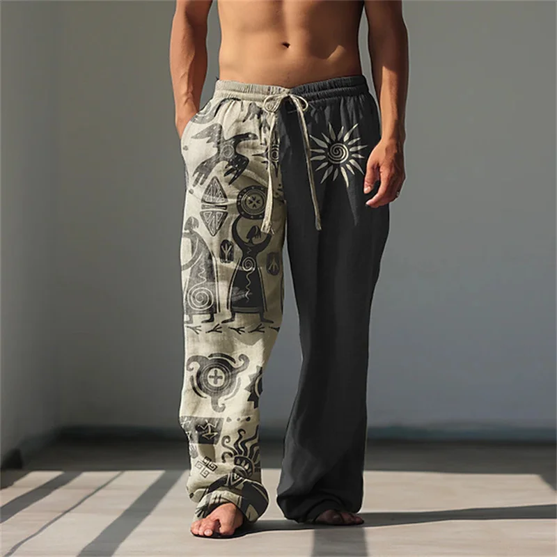 الرجعية طباعة سراويل تقليدية رجالية تنفس فضفاضة تناسب واسعة الساق السراويل أنيق في الهواء الطلق الشارع الشهير الرباط الراحة بنطلون