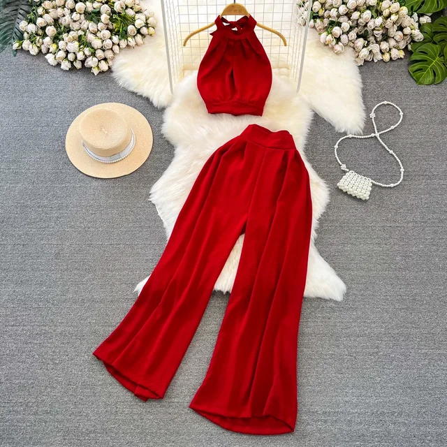 Green/Black/Red 2026 New Summer Two Piece Set Women Sexy Strap Short Tops + High Waist Wide Leg Pants Female Suit New