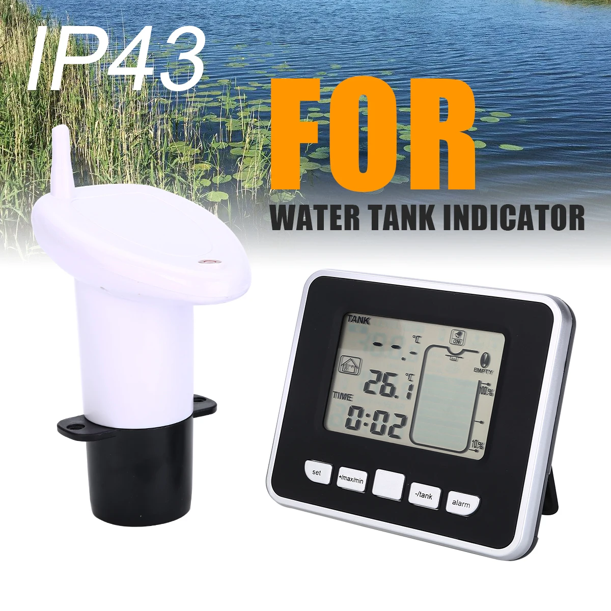 

Wireless Ultrasonic Water Tank Liquid Level Meter With Temperature Sensor Water Level Time Display Low Battery Indicator