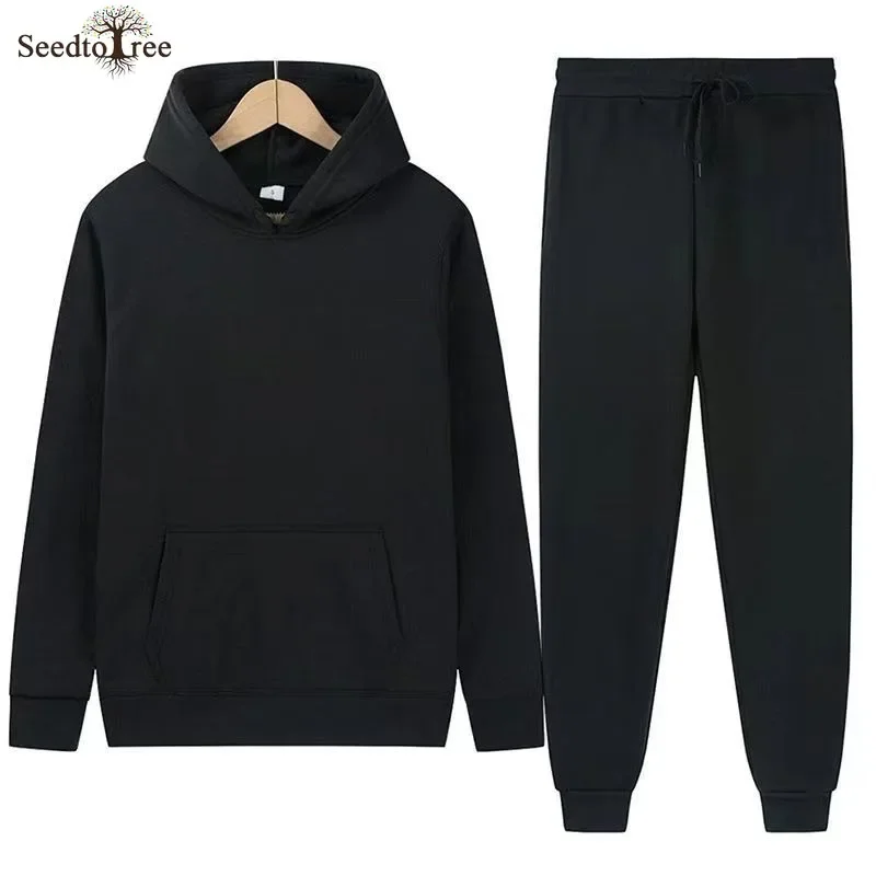 

Men's Casual Sets Solid Color Fleece Long Sleeved Hooded Sweatshirt Elastic Waist Sweatpants Two Piece Suit