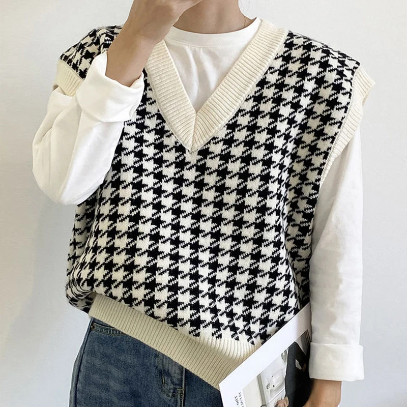 Vintage Houndstooth Pullover Sweater Vest Women 2022 Sleeveless Loose