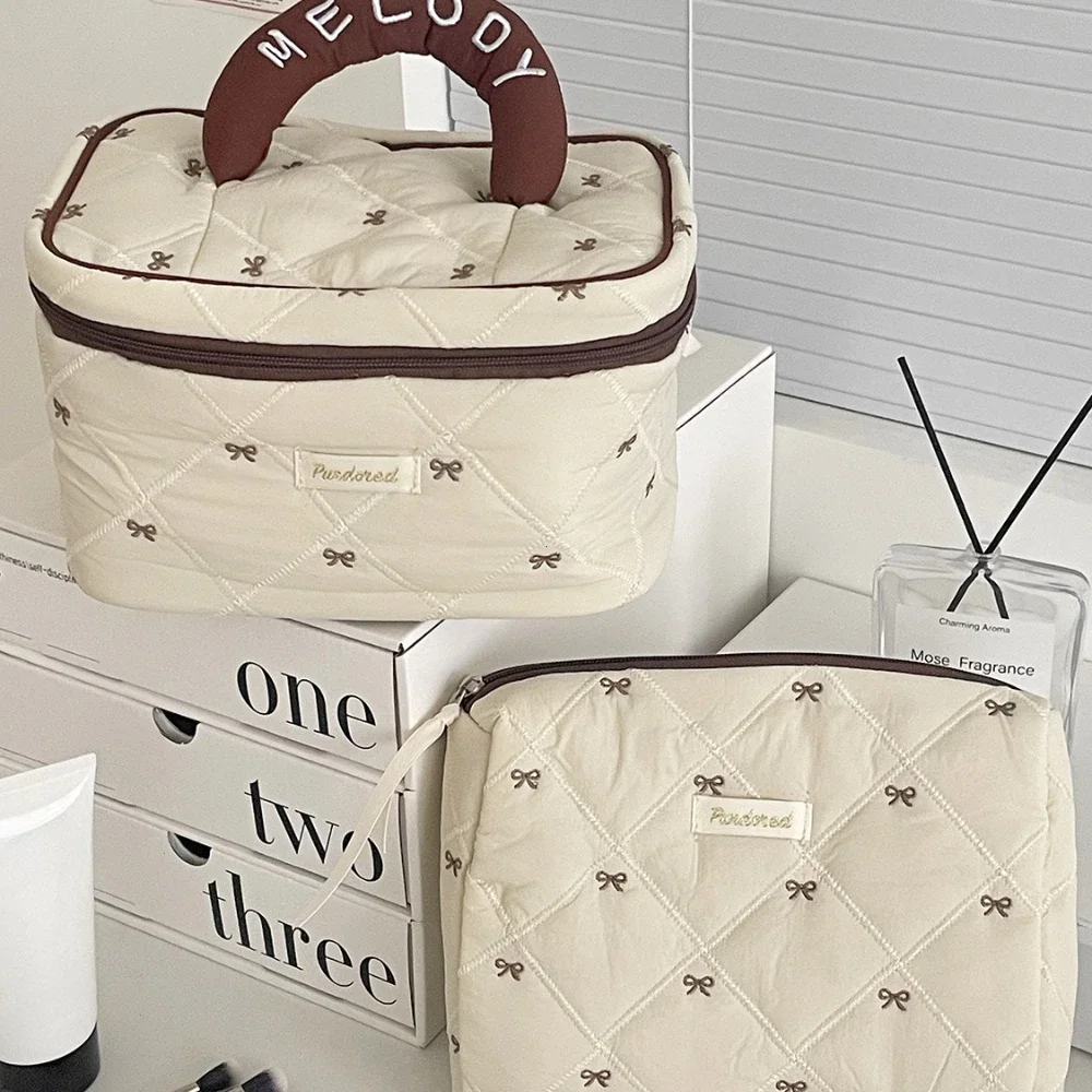 Fashion Brown Bow Cake Women Makeup Zipper Bag Large Capacity Tote Organizer Toiletry Cosmetic Pouch Ladies Make Up Handbag 2026