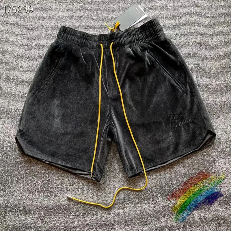 

Rhude Embroidered Logo Velvet Vintage Drawstring Shorts Men Women 1:1 High Quality Breeches Inside Tag