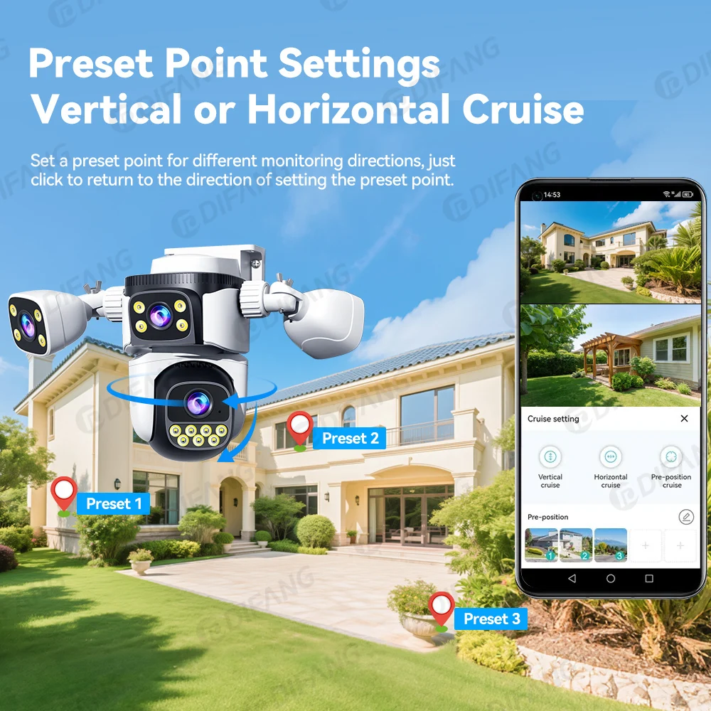 10K 20MP Four Screen Outdoor WiFi Cam PTZ 5X Zoom Night