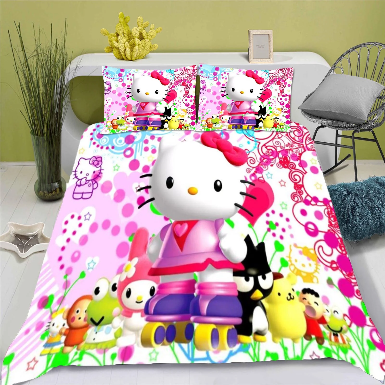 子供と大人のためのハローキティの寝具セット,3D羽毛布団カバー,漫画