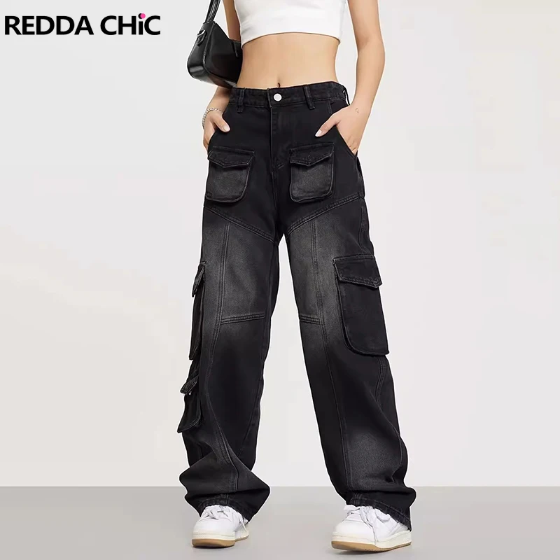 

REDDACHiC Vintage Black Cargo Pockets Baggy Jeans Women Distressed Loose Casual Patchwork Wide Leg Denim Pants Grunge Streetwear