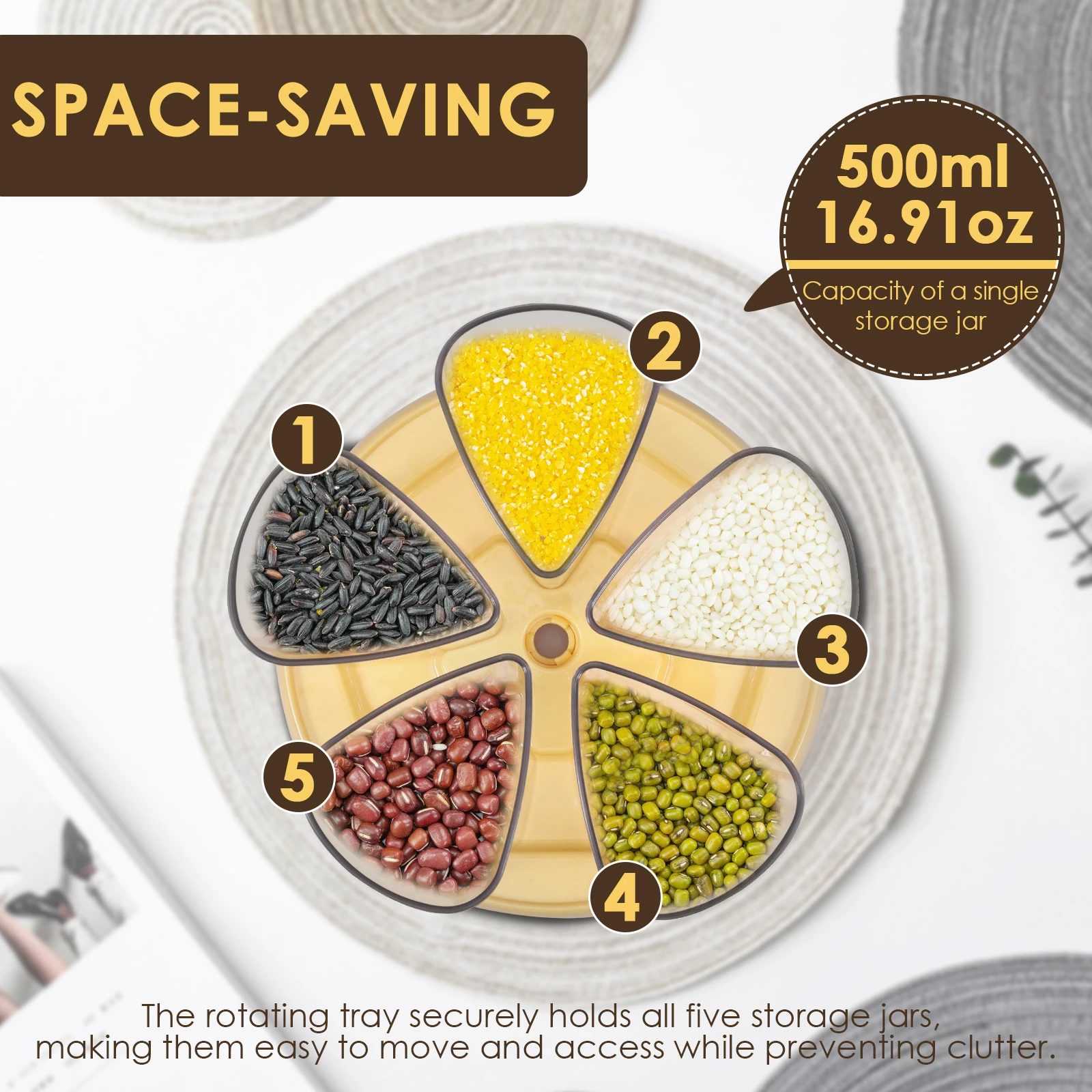 5 Grid Food Grain Storage Container Plastic Kitchen Storage Containers with 360 ° Rotating Base Transparent Grain Rice Dispenser