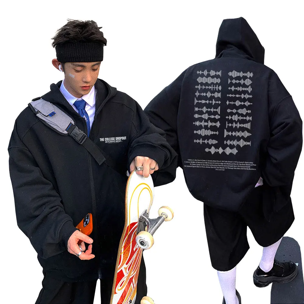 Kanye West The College Dropout Music Album Soundwave Tracklist Print Zipper Hoodie Male Hip Hop Hoodies Oversized Zip Up Jacket