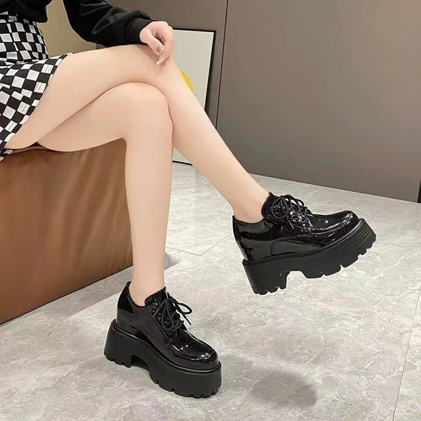 Spring Fall Women's Shoes New Line Matsuke Sole Casual Shoes Lace-up Lacquer Leather Glossy Top Lefu Shoes Single Shoe Fashion