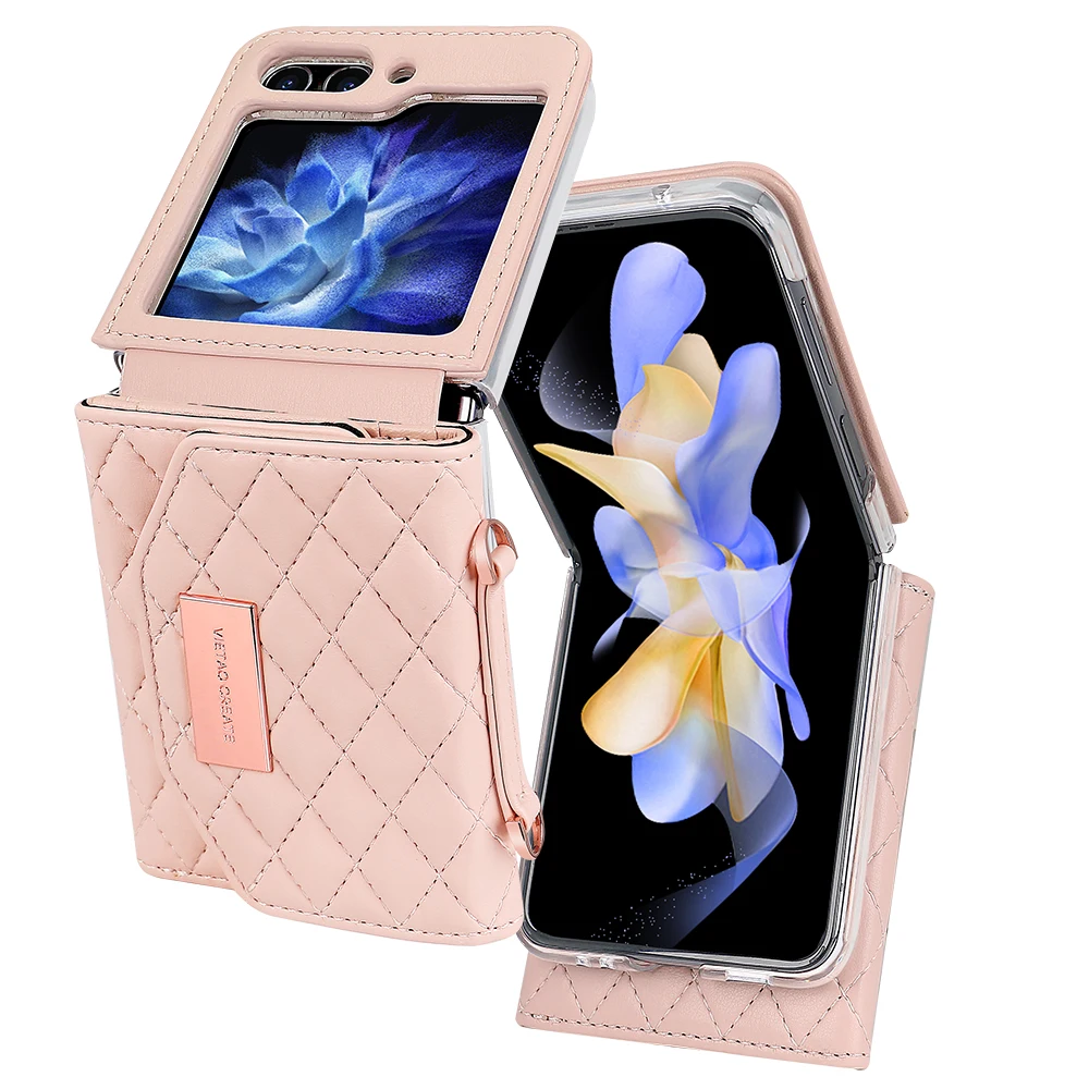 Custodia a portafoglio in pelle con tracolla e carte Solt per Samsung Galaxy Z Flip 6 5 4 3 5G Flip6 Flip5 con cinturino a diamante e tripla piega_voghion.com