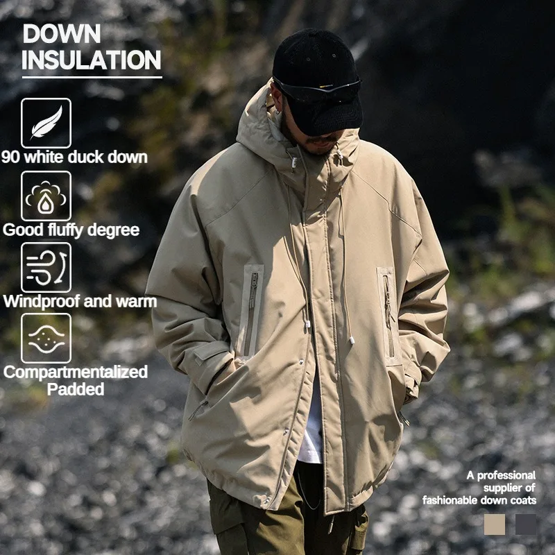 

new 90 down outdoor Japanese waterproof oblique zipper hooded down jacket winter trend loose workwear down jacket men and women