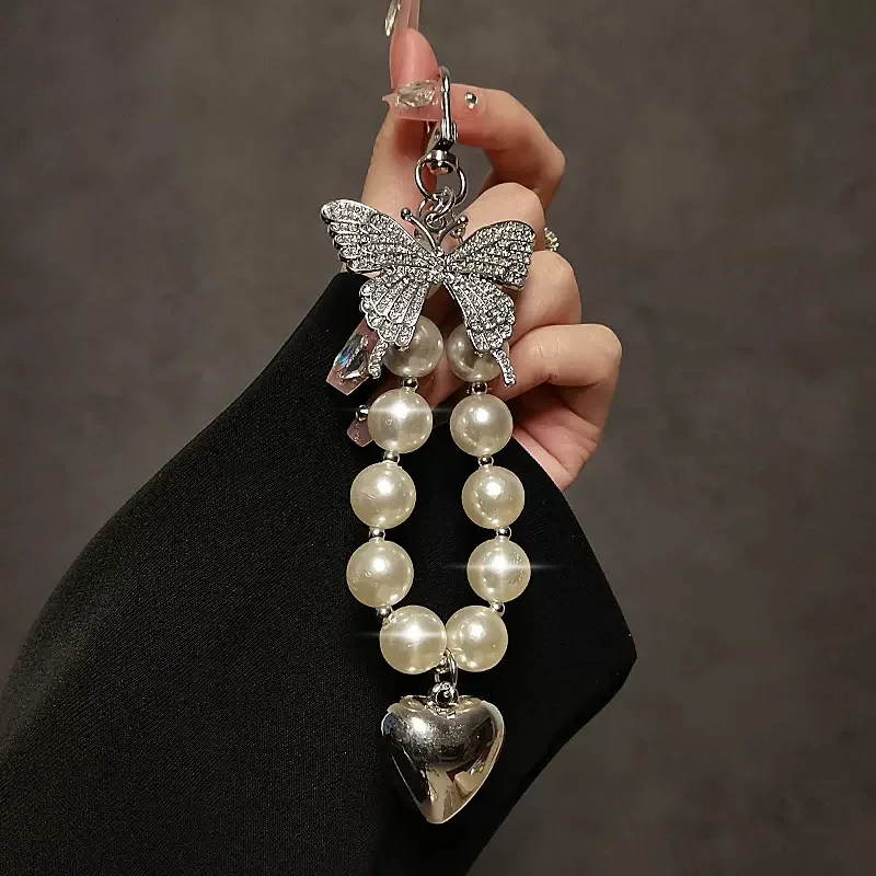 Bracciale portachiavi con perline di perle di lusso con cordino, ciondolo per telefono, simpatico cuore d'amore, cinturino da polso per fotocamera per telefono cellulare, anti-smarrimento  202192403