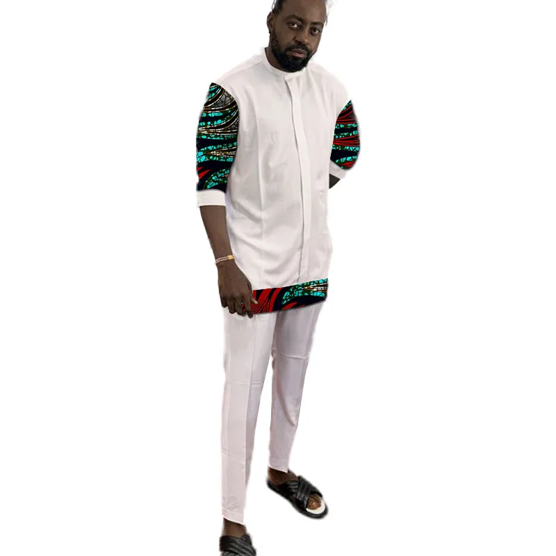 African Fashion White Men's Set Outfits 3/4 Sleeve Shirt With Pant Nigerian Print Original Design Groom Suits Party Wear 2