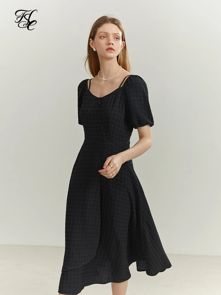 

FSLE Fashion High Waist Black plaid Women Dress Summer 2022 new Vintage temperament waist slim Daily Dress Office Commute Dress