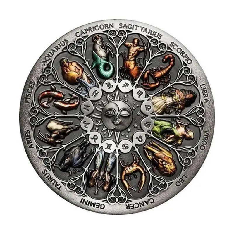 

Twelve Constellations Silver Challenge Coin Tuvalu High Relief Antique Silver Coin Colorful Souvenir Coins Collectible Gift Coin