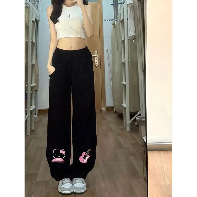 

Милые милые флисовые повседневные брюки с принтом Hello Kitty, женские осенне-зимние свободные прямые обтягивающие брюки Euryscelia