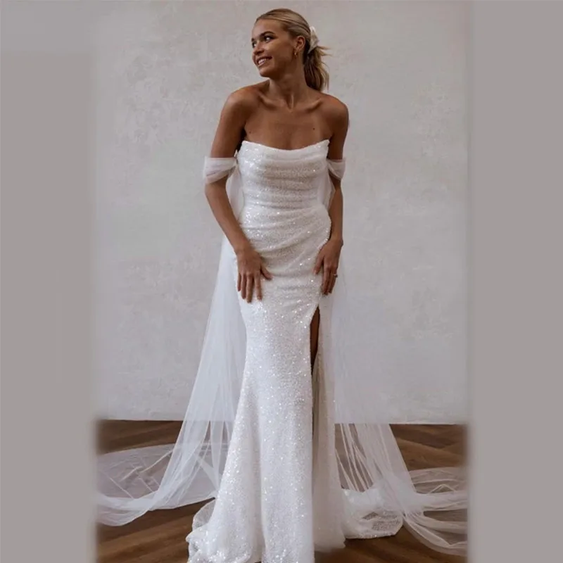 Modern Mermaid Tulle White Wedding Dress Sexy Strapless Formal Shiny Beading Pleat Off The Shoulder Backless Bridal Growns 2024