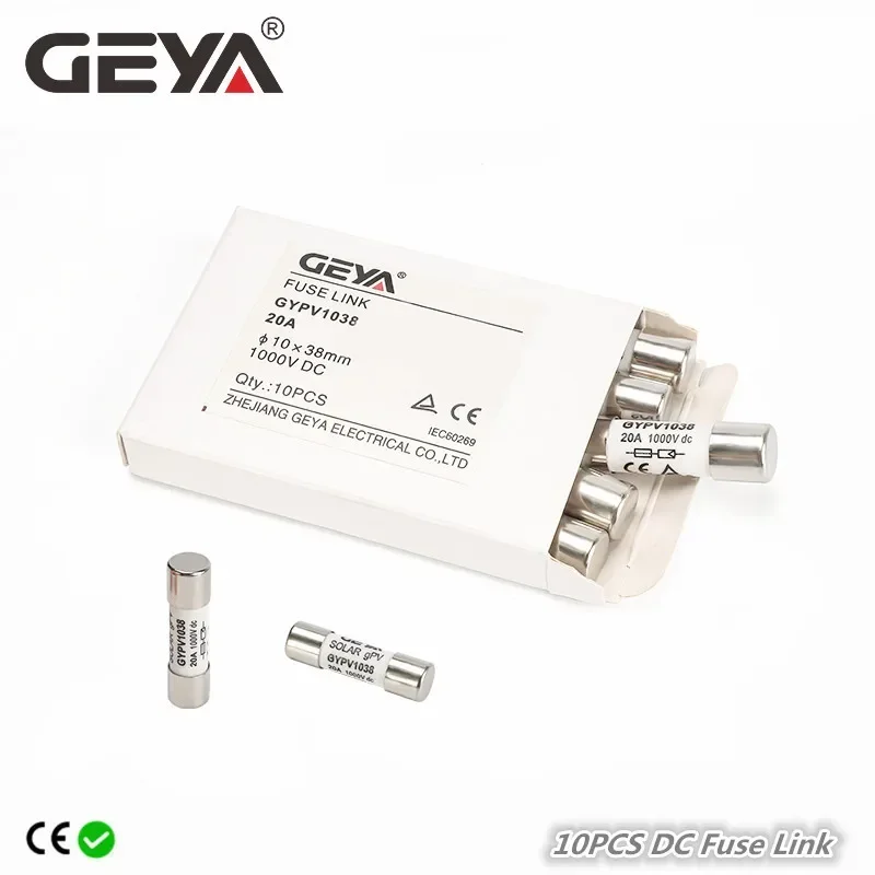 10PCS GEYA Solar DC 1000V PV Fuses Links 10A 15A 20A 25A 30A High Voltage for Solar System Protection Size 10*38mm