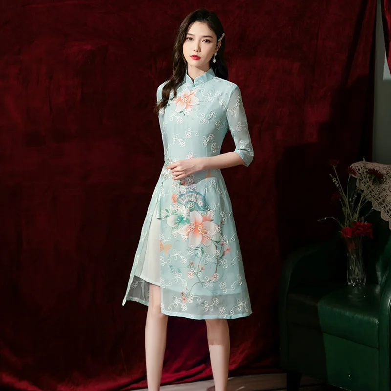 Summer 2024 Mid-length Chiffon Embroidery Cheongsamn Chinese Style