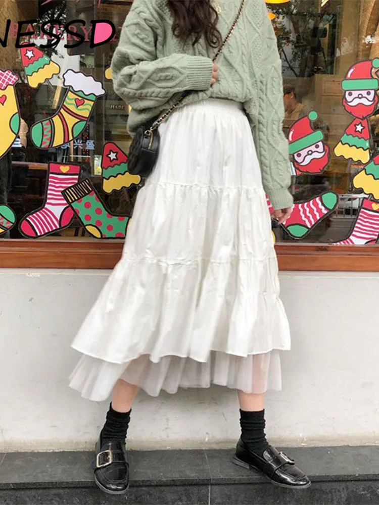 Long Tulle Midi Skirts Womens  Autumn Elastic High Waist Mesh Tutu Pleated Skirts Female Black White Long Skirt Streetwear 4