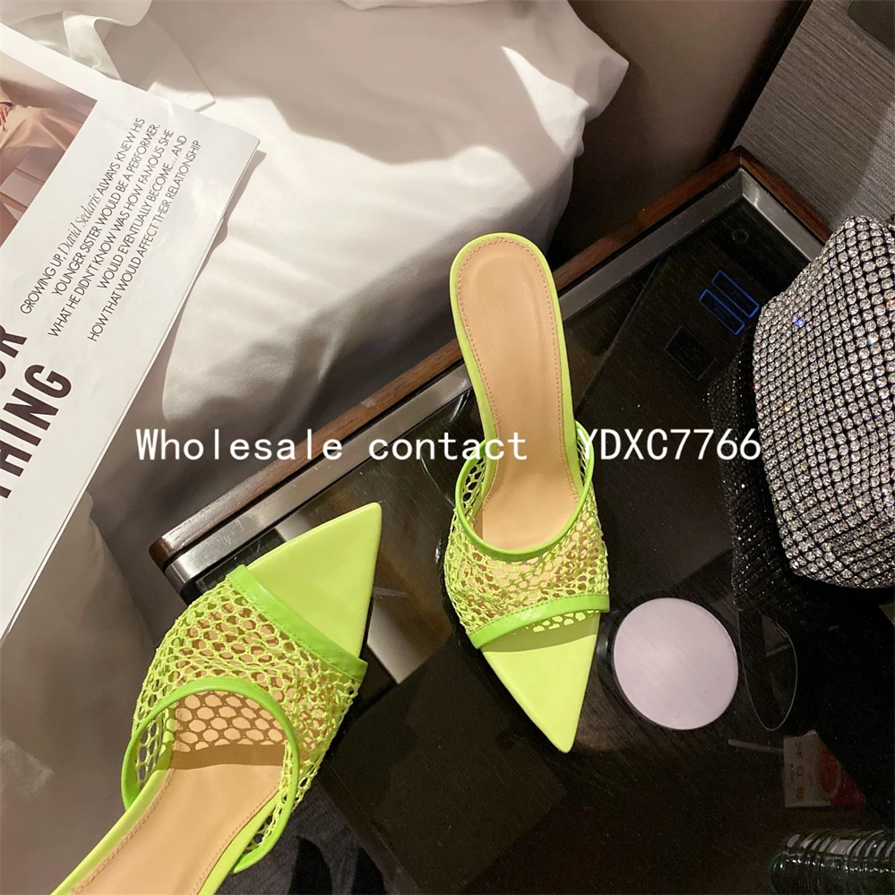 New European and American mesh fish mouth open toe thin heel high heels 2023 summer fashion sexy women wearing sandals slippers