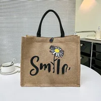 Hand-Painted Woven Canvas Tote Bag for Women – Stylish Letter Print Shopping Handbag, Artistic Casual Shoulder Bag for Daily Use - Image 2