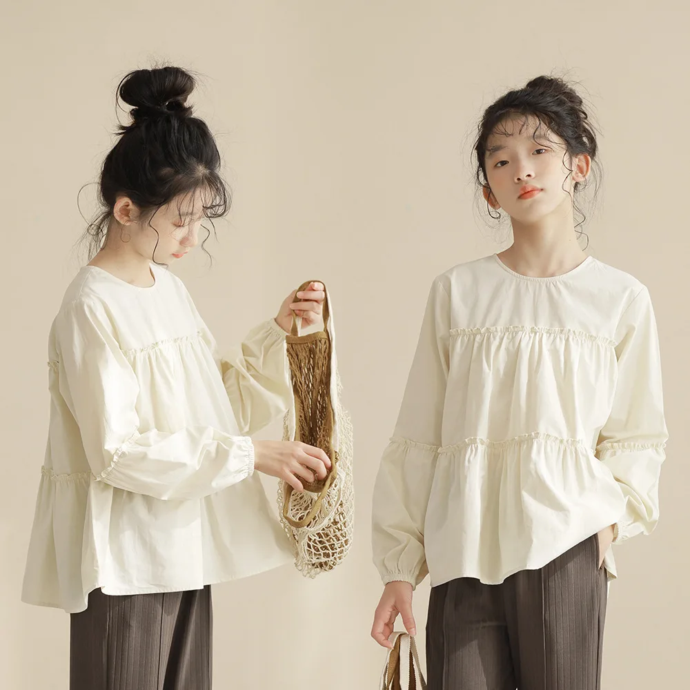 

Top Clothes For Children Girls Elegant Long Sleeve Beige Shirts Japanese Style Children CCotton Blouse 8 10 12 13 14 15 Years