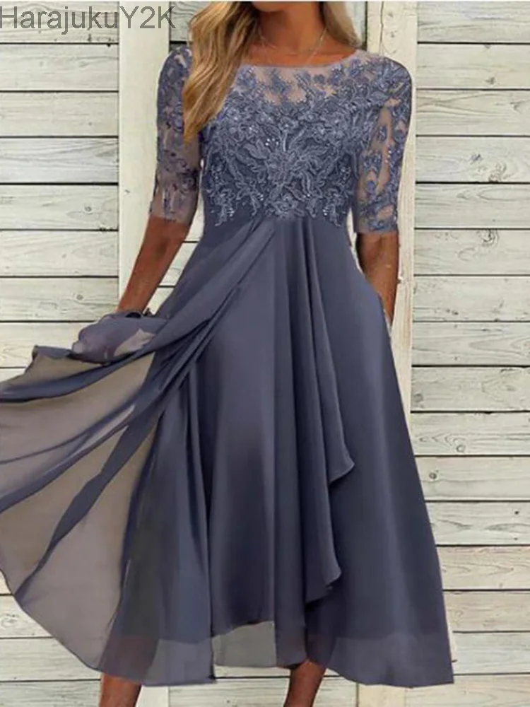 

2023 Spring Solid Lace Party Dress Elegant Hollow Out Embroidery Lace Mesh Dress Office Lady Half Sleeve Stand Collar Mini Dress
