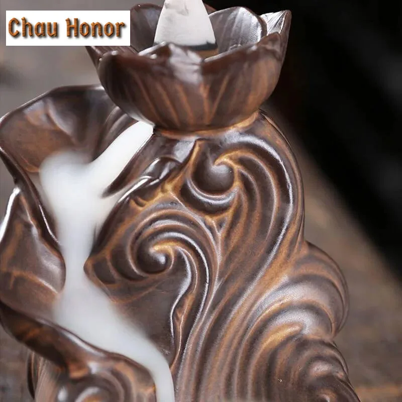 Retro Lotus Fountain Incense Holder Burner Waterfall Backflow Home Decor Buddhist Aroma Censer for Tea House Living Room Decor