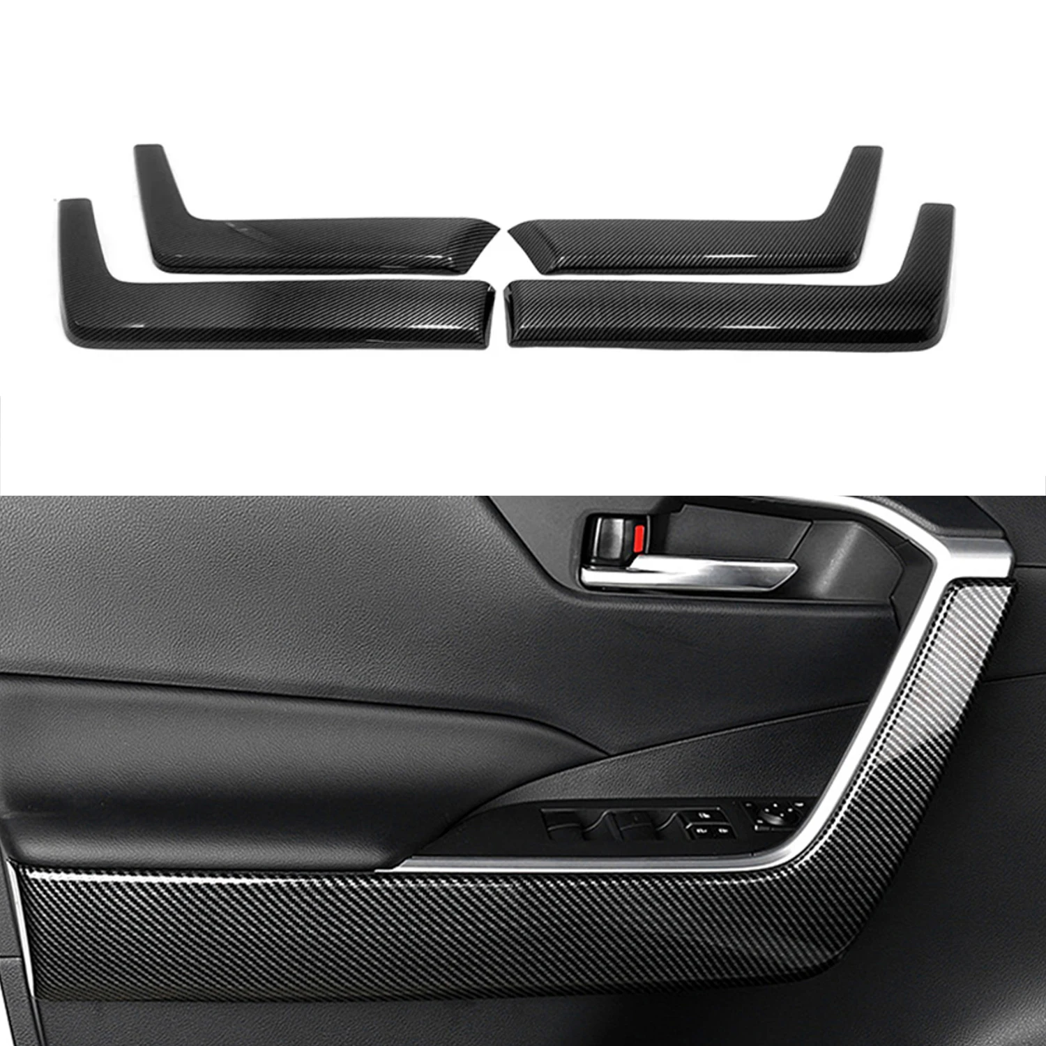 

For Toyota RAV4 Hybrid 2019-2024 Carbon Fiber Black Interior Door Lower Armrest Stripe Cover Trim ABS Car Accessories 4pcs