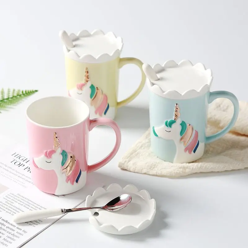 Einhorn Nordic Kaffeetasse, Trinkwasserbecher mit Deckel und Löffel, kreativer Roman, süßes Weihnachtsgeschenk für Frauen, Mädchen, 400 ml – Detail 2