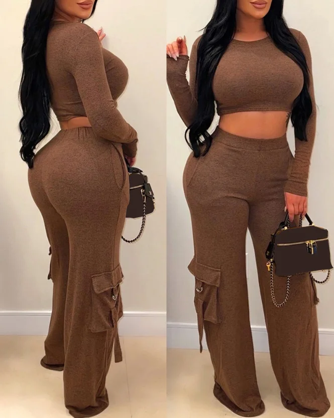 Casual Solid Pant 2 Piece Sets Women Round Neck Crop Long Sleeve Tee Top and Pocket Design Cargo Pants Matching Suit Set