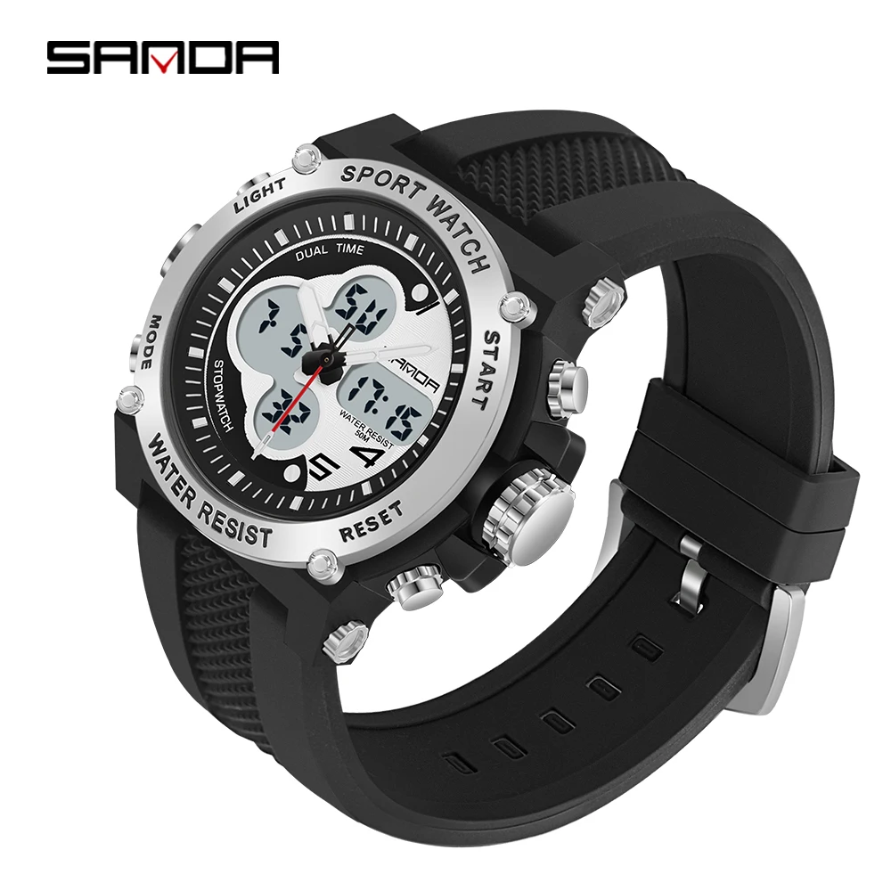 smael camo style men outdoor sports watch fashion student waterproof digital wristwatch adolescent multifunction wristwatch SANDA Mens Watches Outdoor Sports Multifunction Dual Display Watch Luminous LED 50M Waterproof Watch Men Relogio Masculino 3107