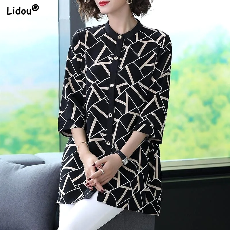 Thin Spring Summer Geometric Blouses Elegant Fashion Loose Casual Button Stand Collar Three Quarter Sleeve Women's Clothing 2023