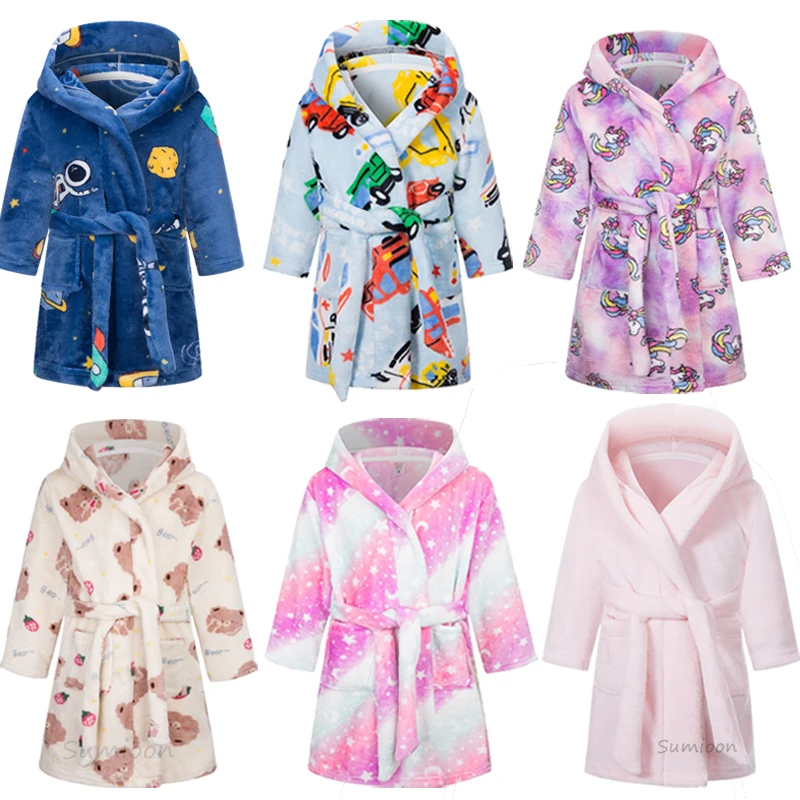 Children Bathrobe For Girls Cartoon Unicorn Pyjamas Kids Colar Fleece Boys Bathrobes Nightgown Baby Sleepwear Hooded Bath Robe kids bathrobe