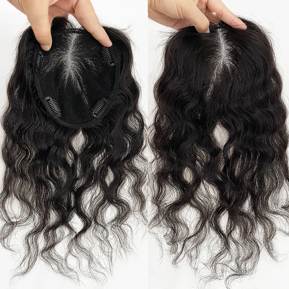 Women Wavy Virgin Human Hair Topper Hand Tied 13x15cm Swiss Lace Base European Hair Topper Natural Black Hair Pieces with Clips