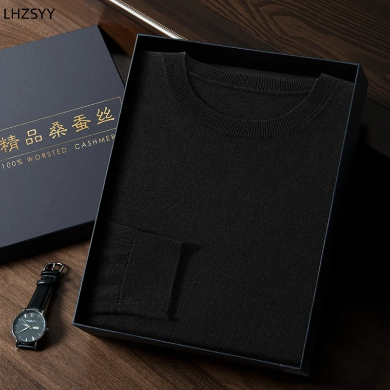 LHZSYY High-end Thin 85%Mulberry silk 15%Cashmere Sweater New Long-Sleeve Pullover Men' Business Leisure Worsted Knit Base Shirt 3