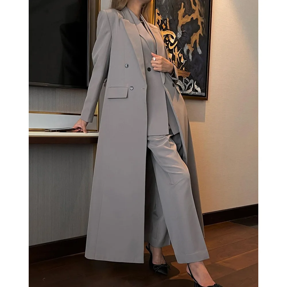 

Elegant Grey Peak Lapel Double Breasted Long Women Suits High Quality Flat Solid Color Designer 3 Piece Jacket Pants Vest Bla