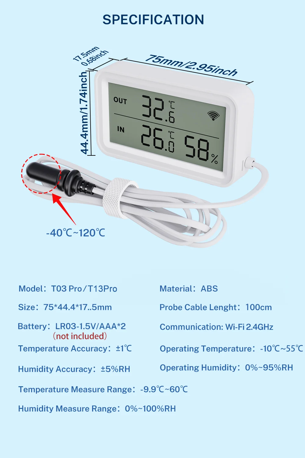 Monitor External Sensor Tuya Wi-Fi Temperature and Humidity Sensor With External Probe Smart ...