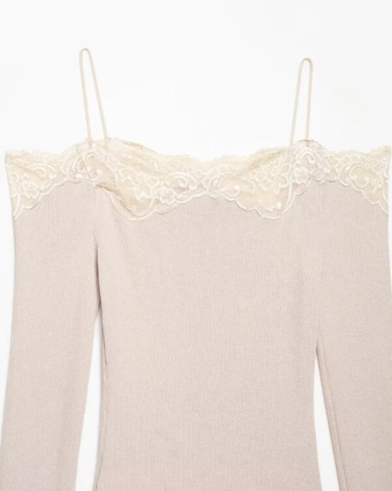 Lace Trim Off Shoulder Long Sleeve Knit Top for Women, Sexy Slim Fit Camisole, Spring Summer Casual Fashion Top