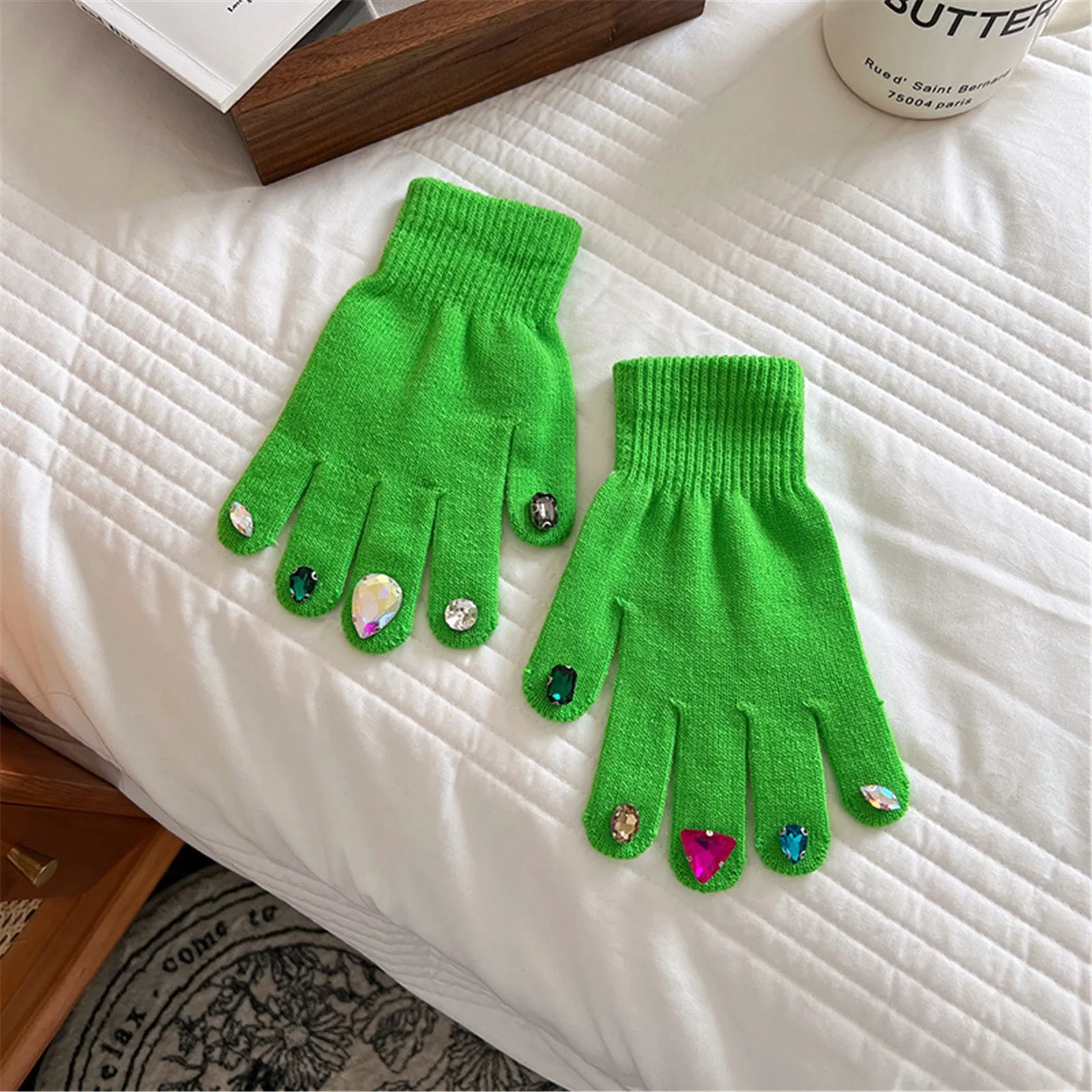 

Rhinestone Gloves Korean Color Rhinestones Gloves Knitting Finger Nail Winter Fashions