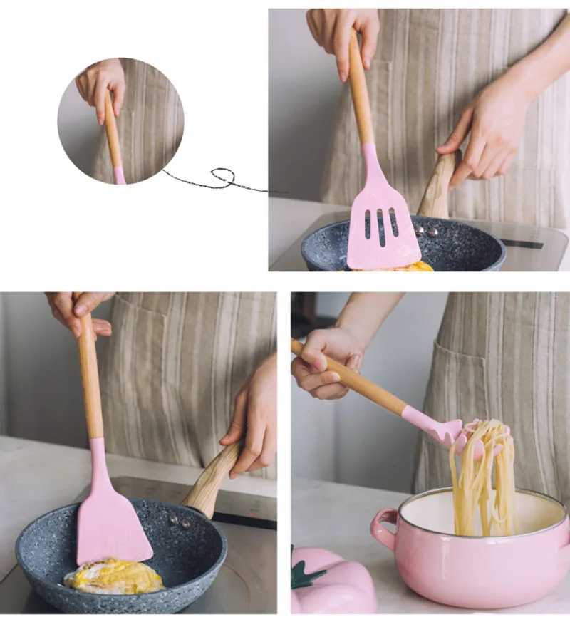 9 or 12pcs Pink Cooking Tools Set Premium Silicone Kitchen Cooking Utensils Set with Storage Box Turner Tongs Spatula Soup Spoon