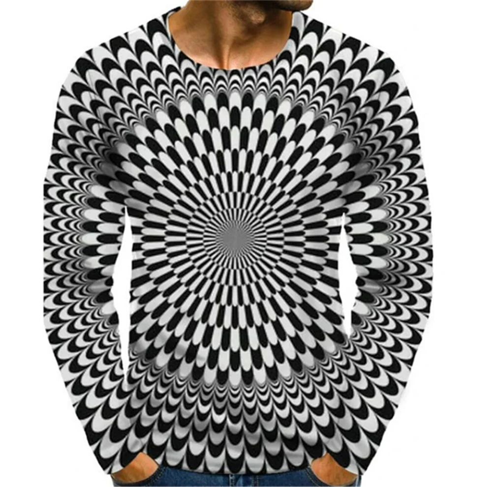 

3D Three-dimensional Space Printed T-shirt For Men's Long Sleeved Tops Round Neck Oversized Thin Loose Fitting Casual Sport Tees