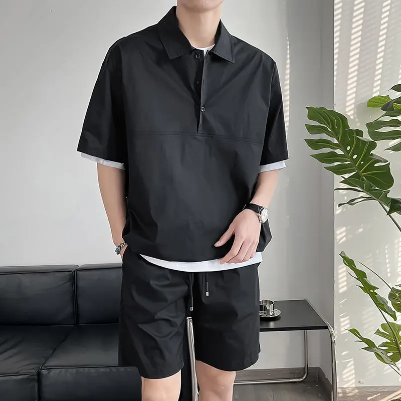 Spring Summer Fashion Short Sleeve Popularity Men's Clothing Korean Style Casual All Match Loose Rope Hombre Solid Sport Sets