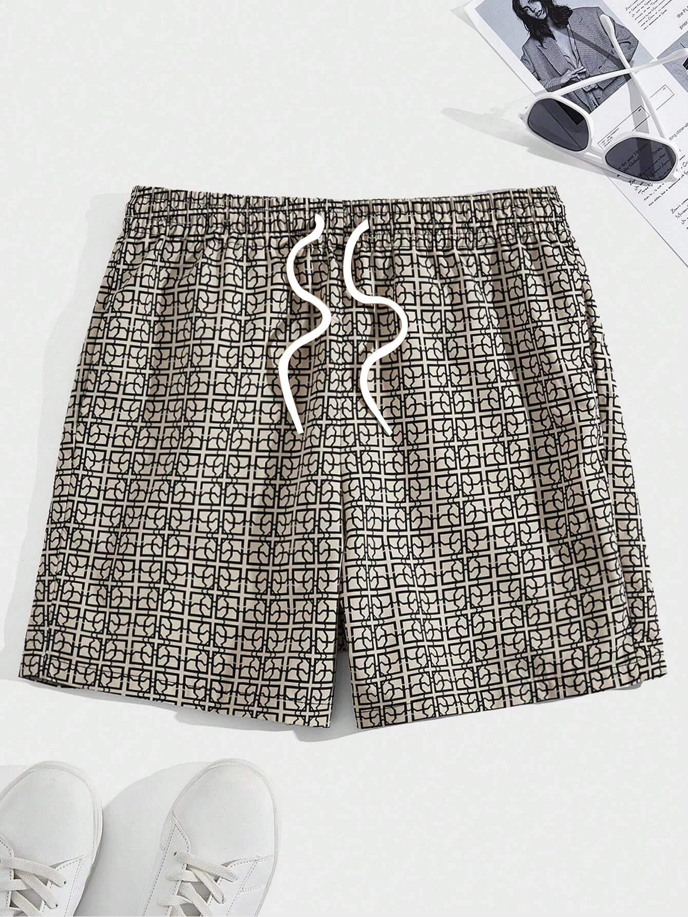 M-Modomio Men Loose Geo Print Drawstring Waist Shorts Men's Beach Pants Dust Proof Shorts Hawaii Unisex Casual