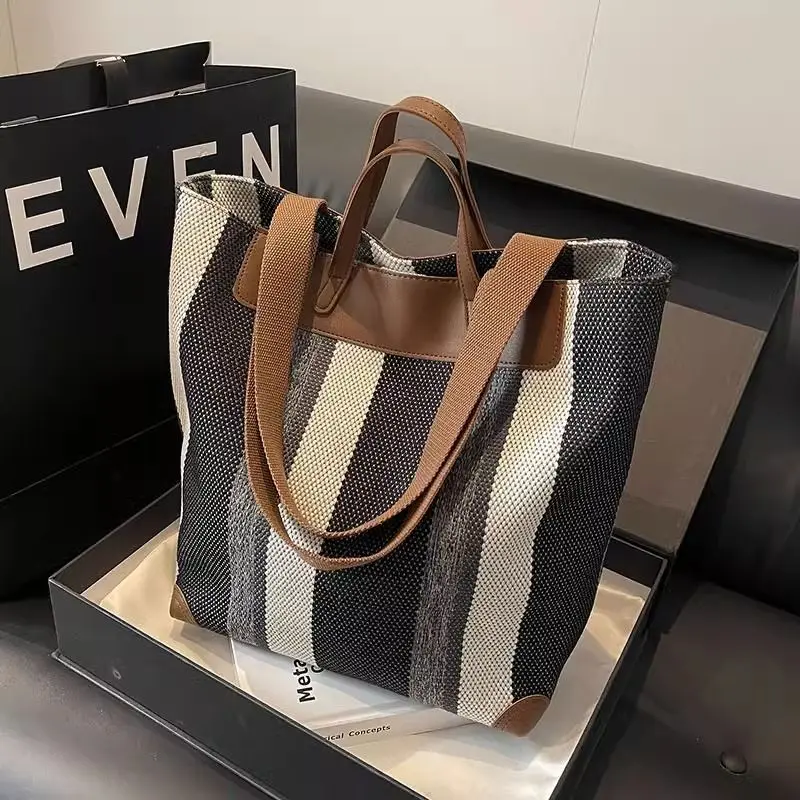 New Striped Canvas Reusable Grocery Bag Women's Large Capacity Fashion Versatile Shoulder Bag Student Class Commuter Tote Bag