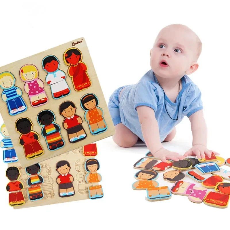 [Funny] Wooden puzzle Racial cognition Figure puzzle piece toy play house Toys kid's early education toys baby birthday gift