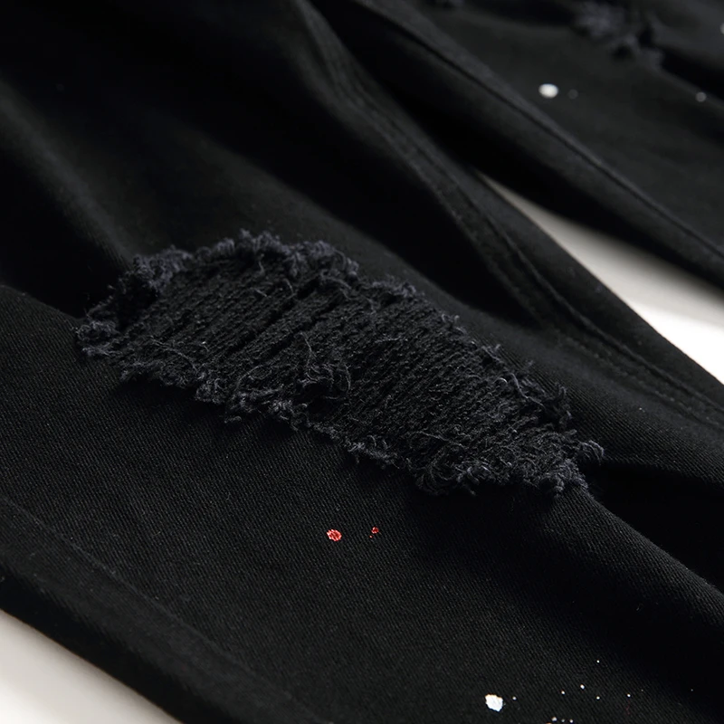 Denim Jeans Hole Design Fashion Lacquer Foot Casual Pants Stretch Regular Fit Black Long Hip Hop Men's Four Season Plus Size