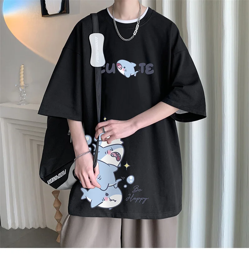 Men's Cotton T-shirts White Men Oversized T Shirt Anime Shark Print Summer Casual Wear 5XL Tee Shirts Big Size Male Clothes
